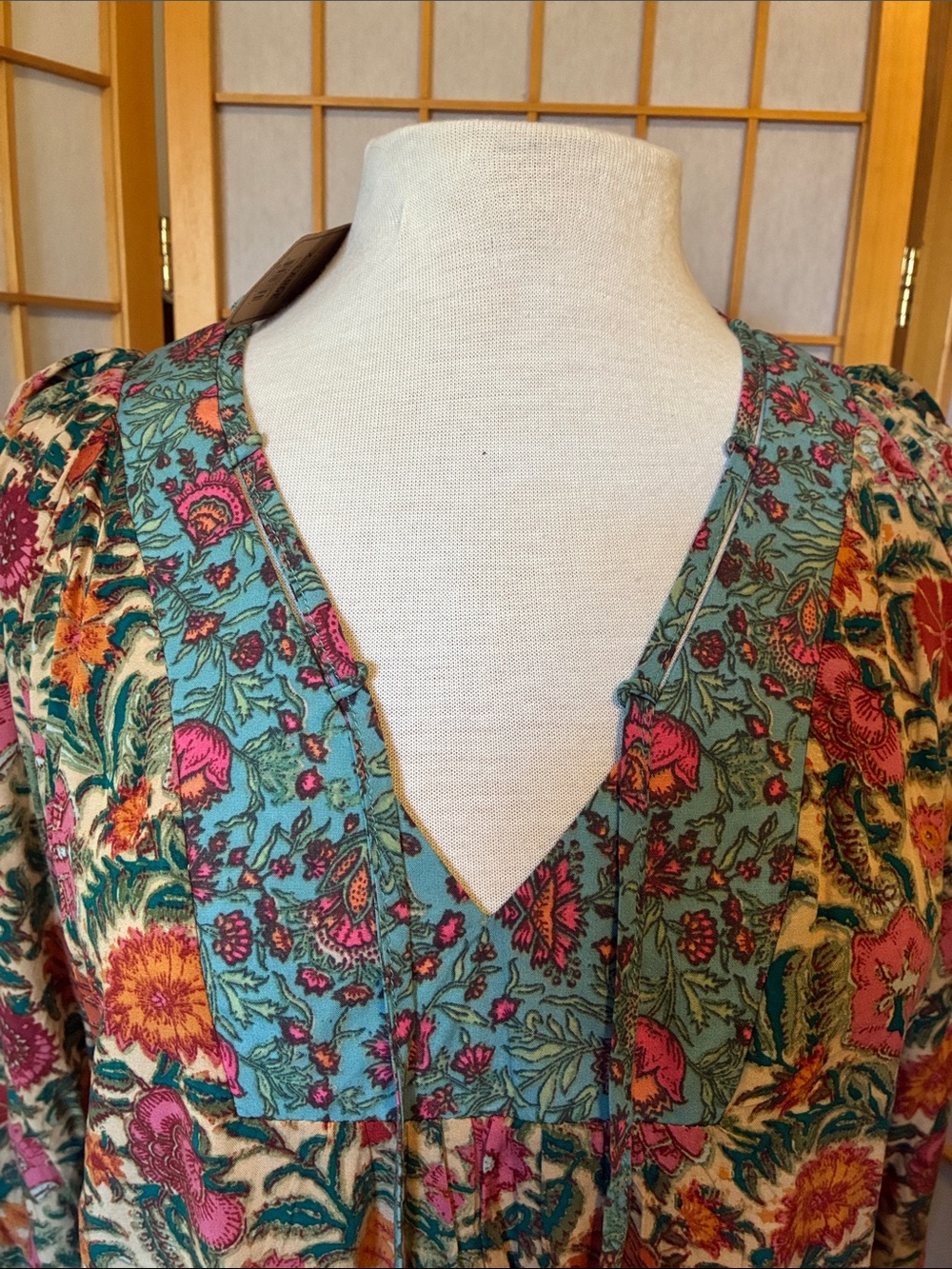 Natural Life Floral Boho V-Neck Tunic Top in Teal, Red, Pink & Mustard - Picture 2 of 4